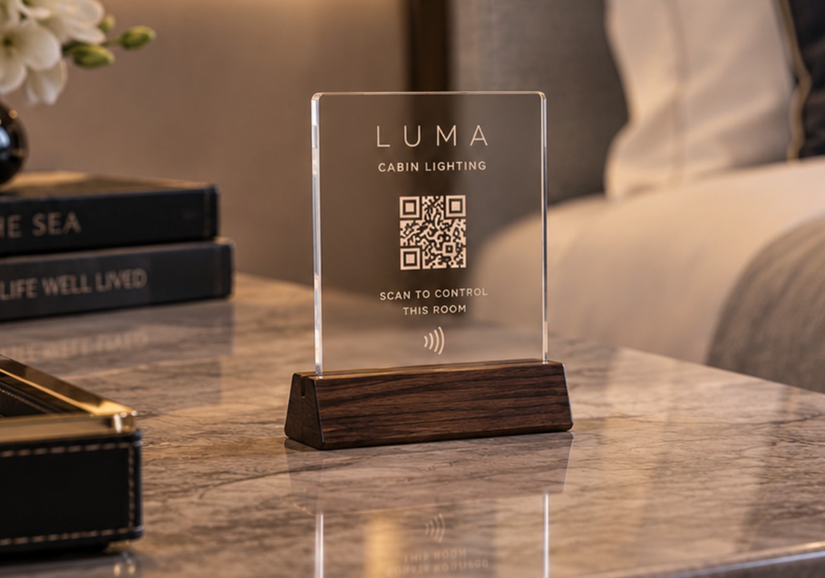 Concept render: a clear acrylic plaque on a walnut base carrying the LUMA QR code