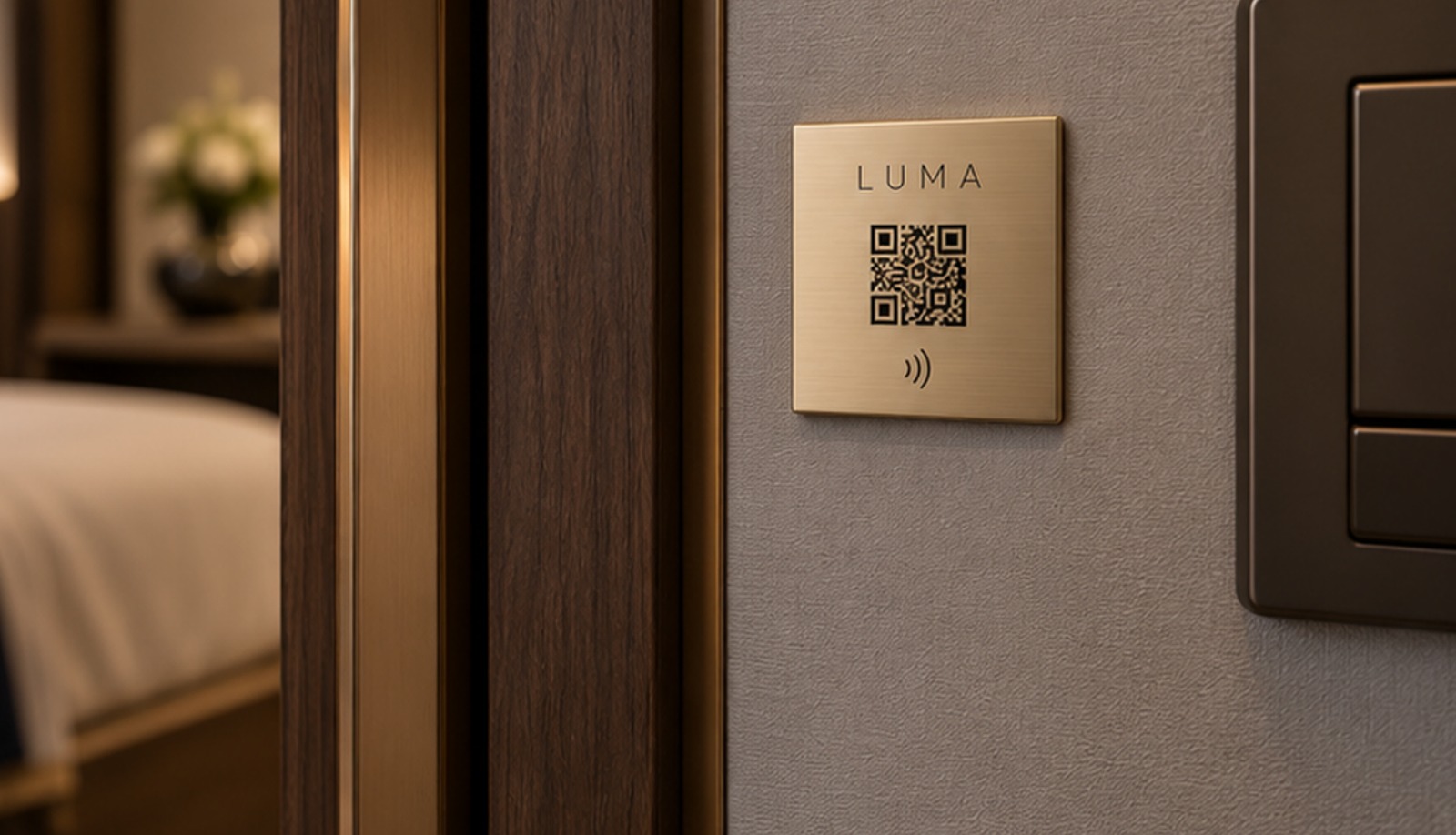 Concept render of a brushed brass wall plaque beside a keypad, carrying the LUMA QR code and NFC mark
