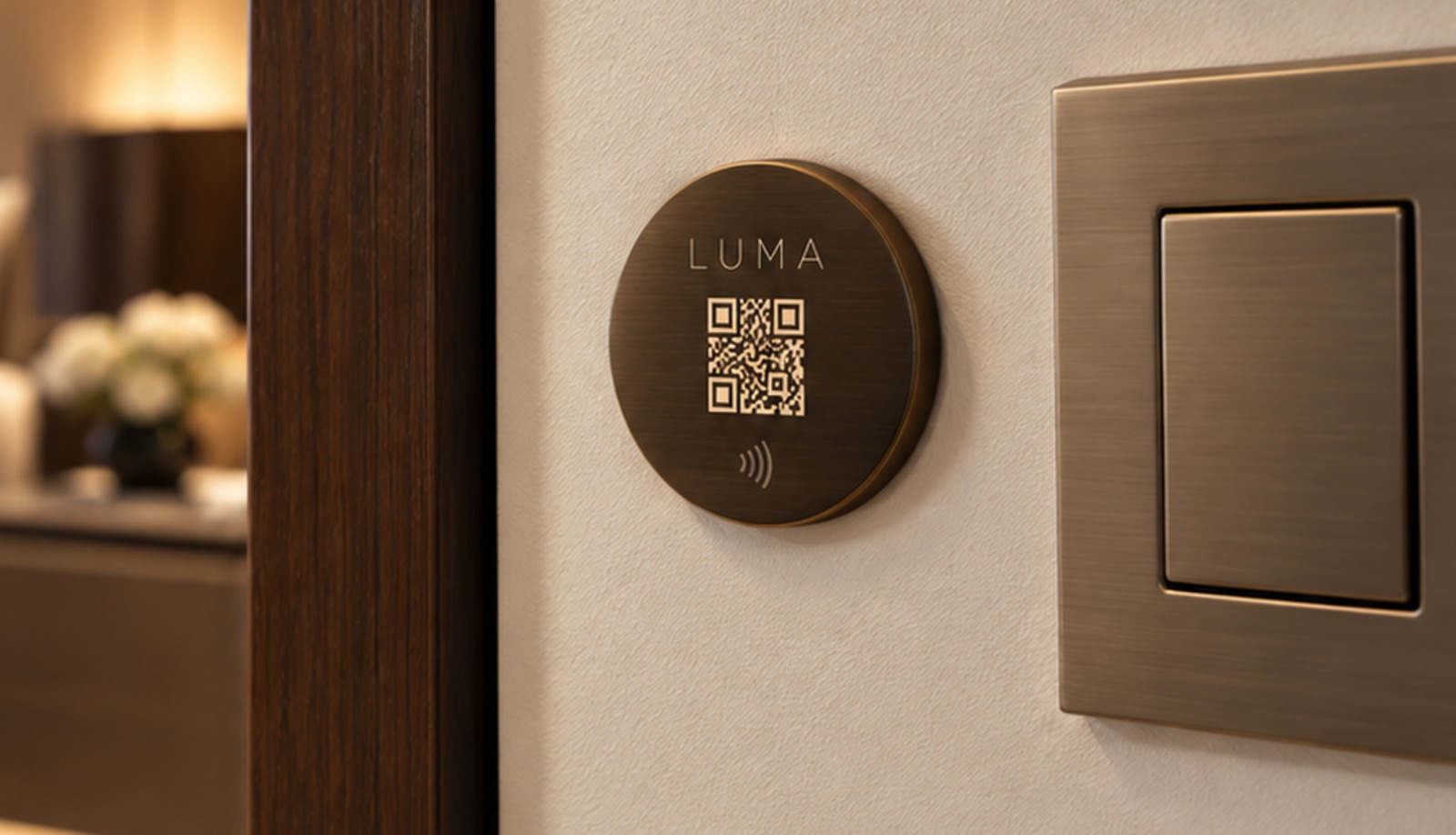 Concept render: a round bronze wall plaque beside a keypad