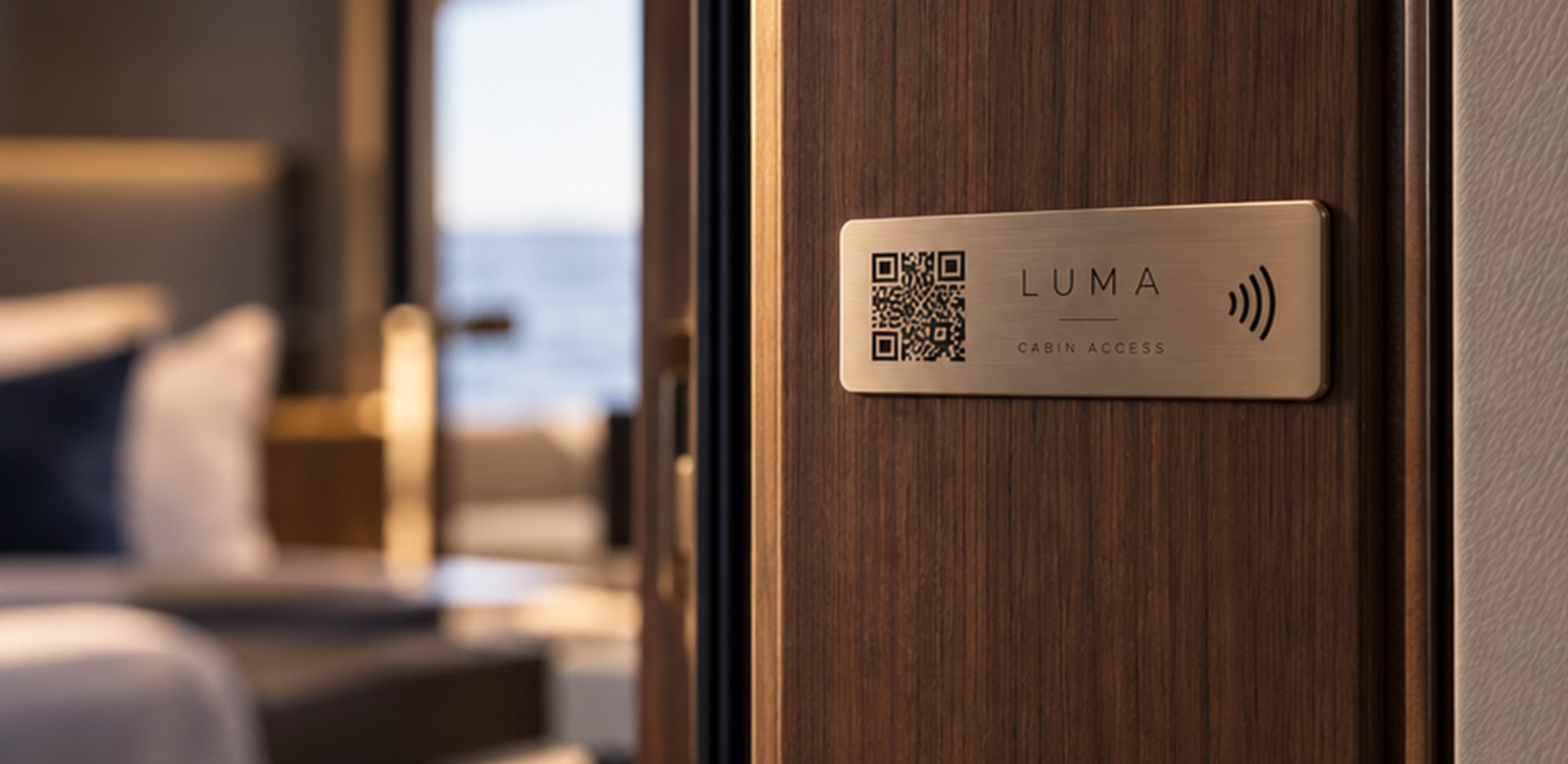 Concept render: a slim brass rail plaque on a cabin door frame