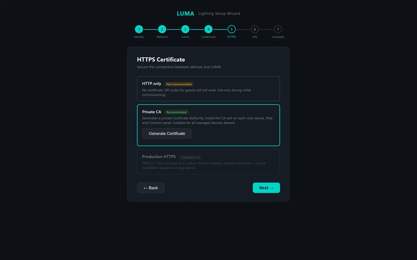 Wizard step 5, HTTPS certificate