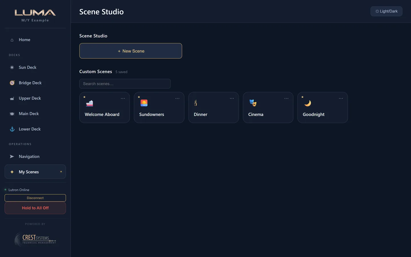 Scene Studio with five saved scenes, three pinned to Home