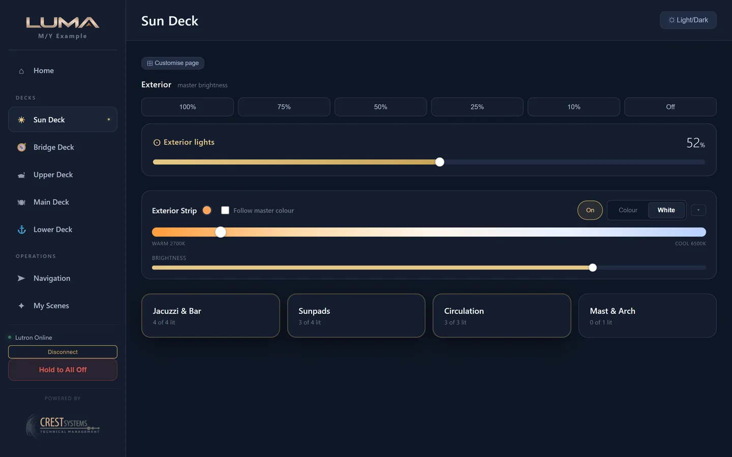 Sun Deck page with exterior master, exterior strip colour controls and room cards