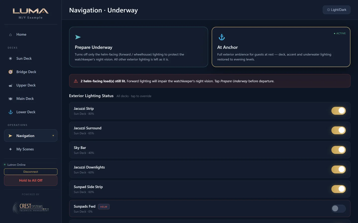 Navigation page with Prepare Underway and At Anchor modes and the exterior lighting status list