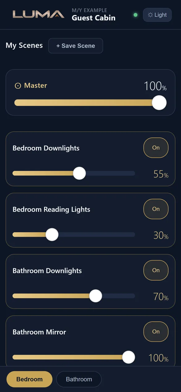 Guest page on a phone for a split Guest Cabin: master bar, four loads, Bedroom and Bathroom tabs